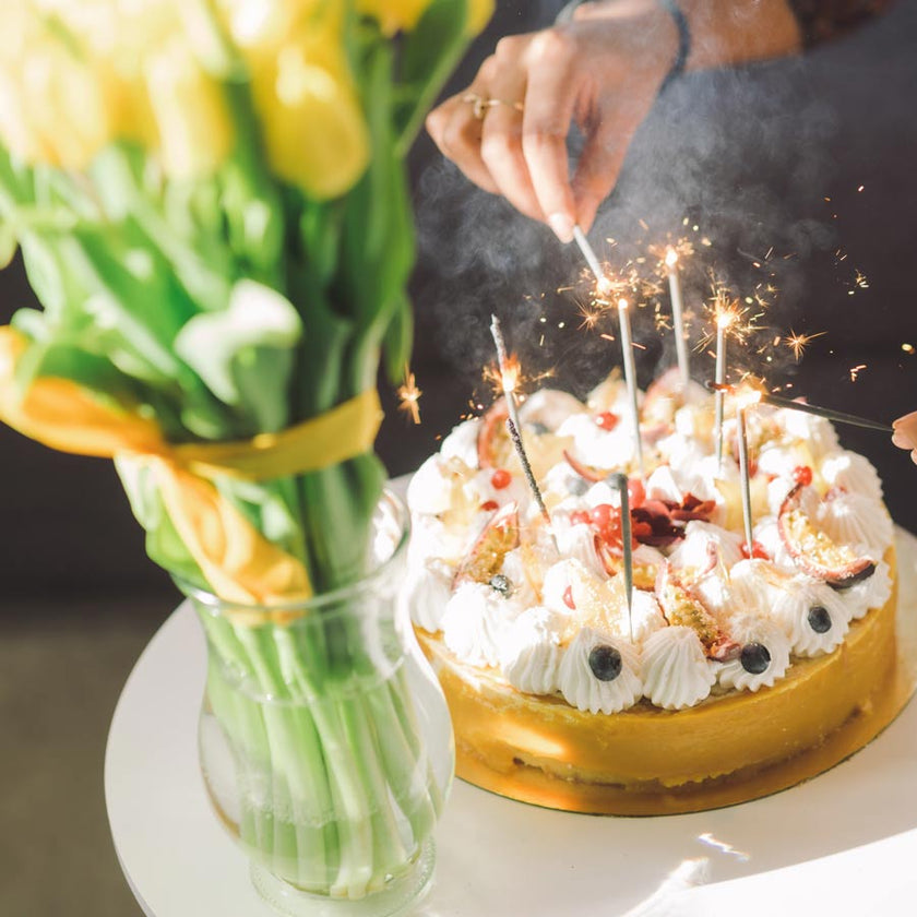 tulips birthday flowers and cake