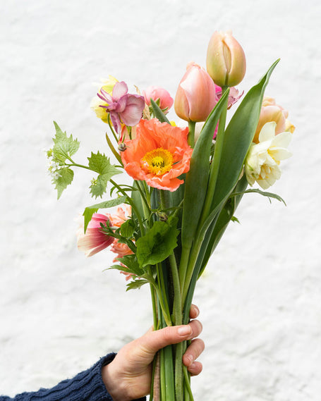Flower bouquet with orange poppies and tulips