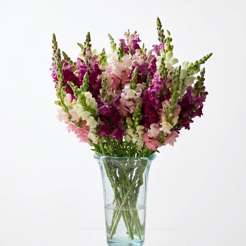 Bouquet of pink, white, and purple flowers in a clear vase on a neutral background