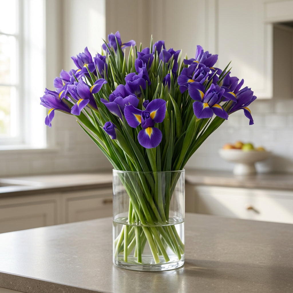 Close-up of blooming purple irises with green leaves, showing the characteristic yellow and white markings in the center of the flowers.