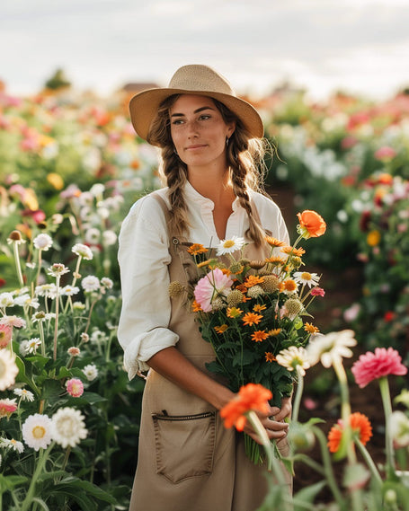 A woman wearing a straw hat and braids, holding a bouquet of British flowers with a colourful flower field in the background under soft daylight.