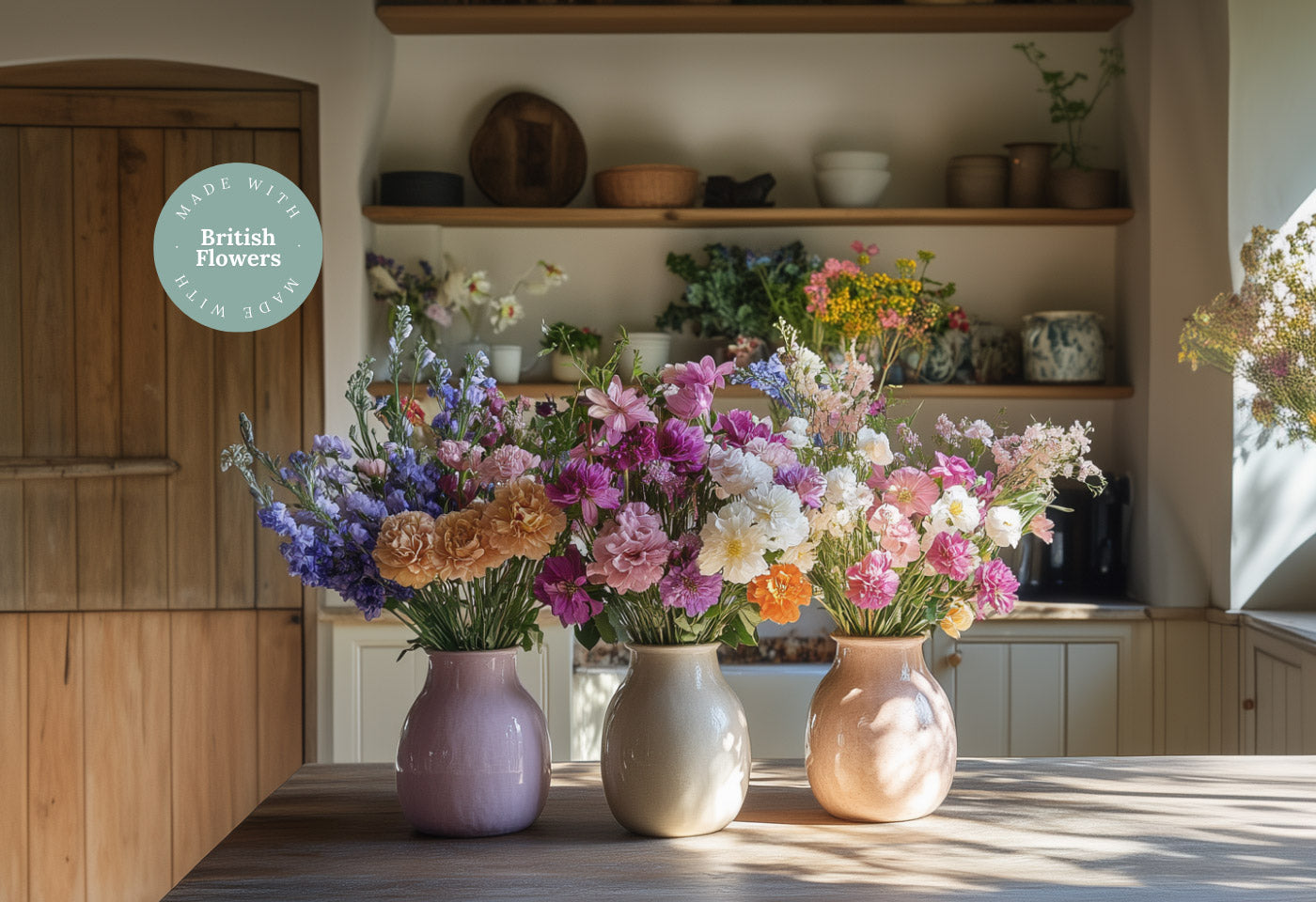 A selection of British flowers in vases on a rustic kitchen table, showcasing the beauty of seasonal blooms available for next-day delivery through a British flower subscription service.