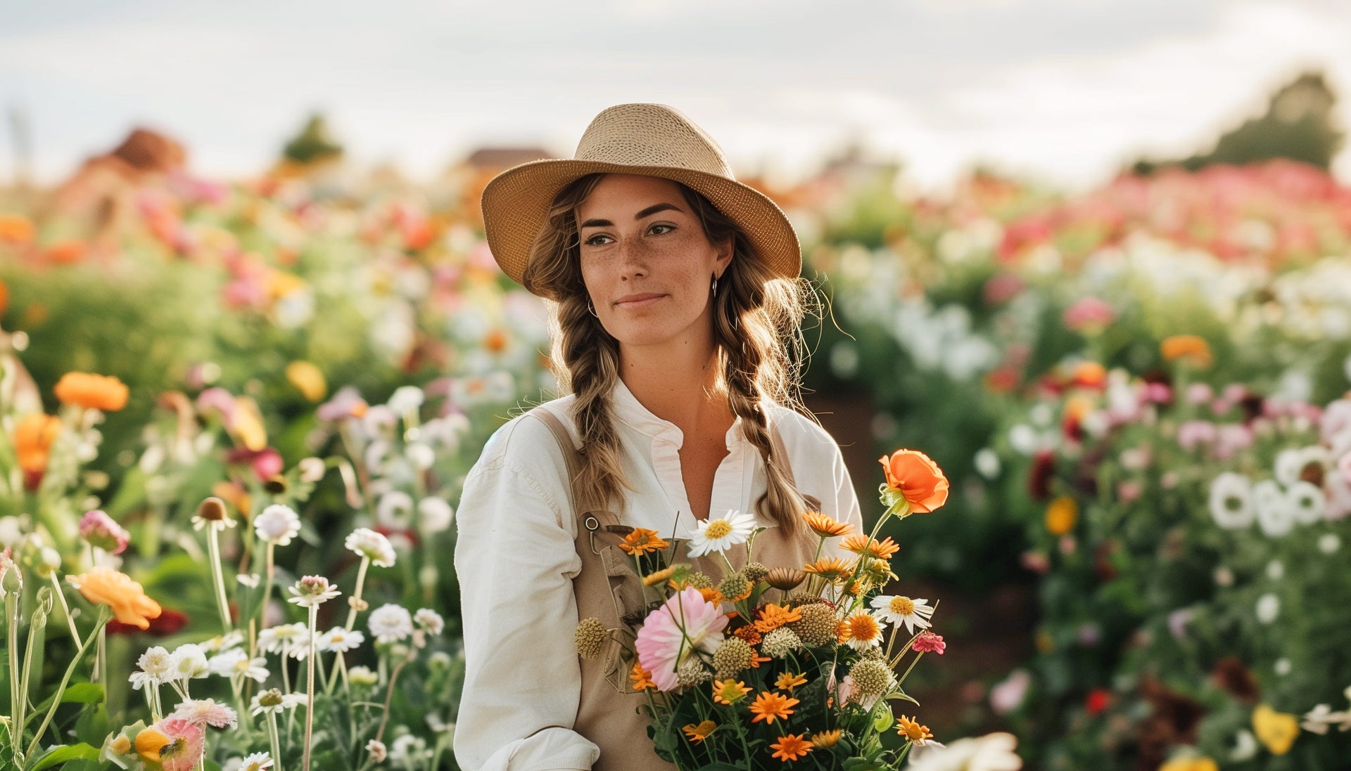 A woman wearing a straw hat and braids, holding a bouquet of British flowers with a colourful flower field in the background under soft daylight.