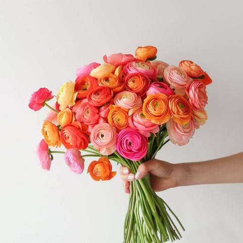 A bouquet of British grown, bright coloured Ranunculus in beautiful colours like orange, hot pink and soft pink. 