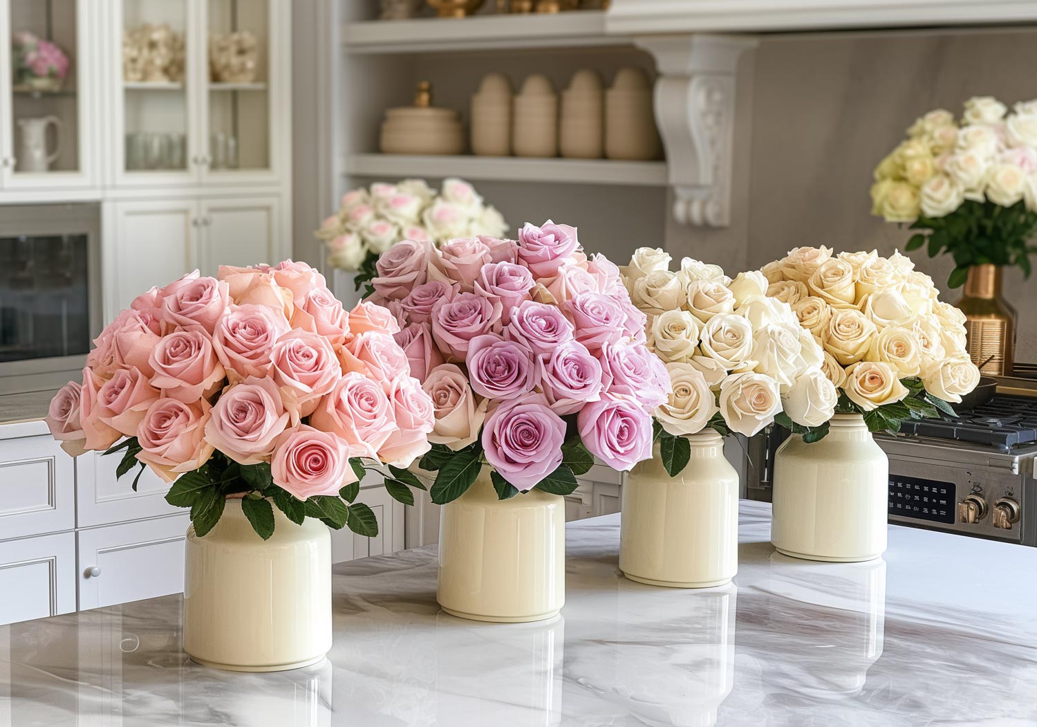 An array of bouquets with light pink, white, and light purple roses in ceramic cream vases, arranged on a kitchen island table.