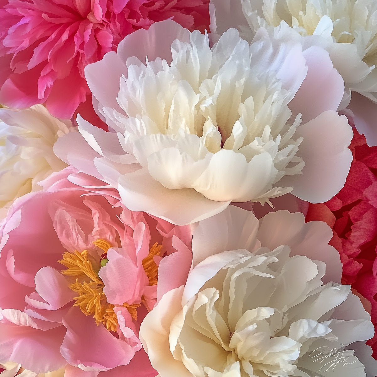 Mixed Coloured Peonies in Light Pink, White and Deep Red