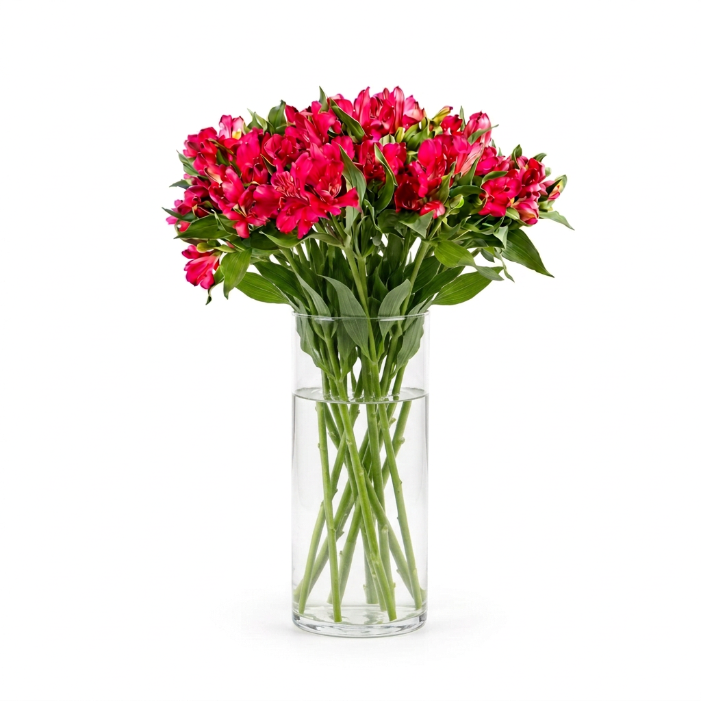 A bouquet of bright pink alstroemeria flowers with green stems and leaves, arranged in a clear glass vase on a white background.