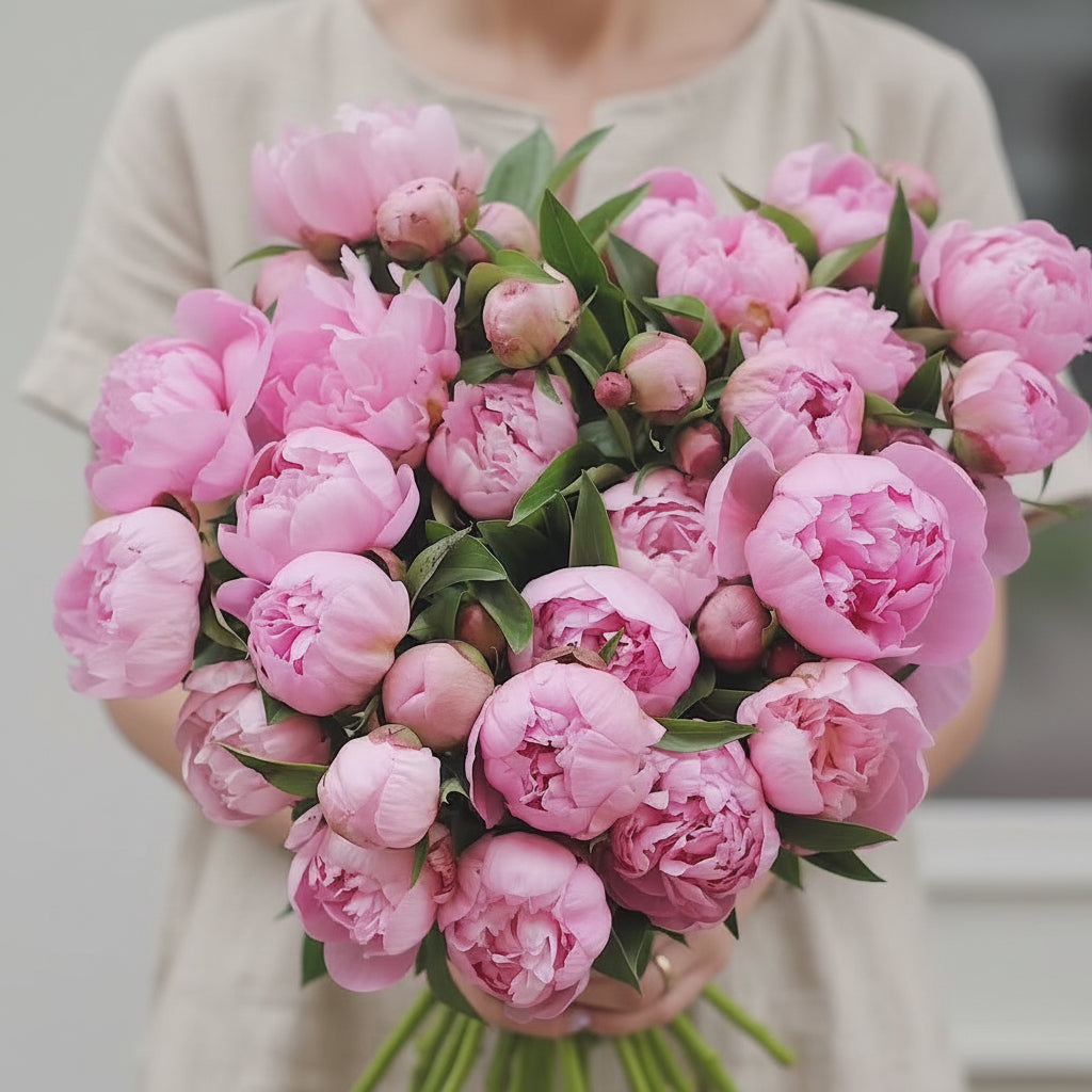 Bouquet of pink peonies held by a person wearing a denim jacket.