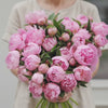 Bouquet of pink peonies held by a person wearing a denim jacket.