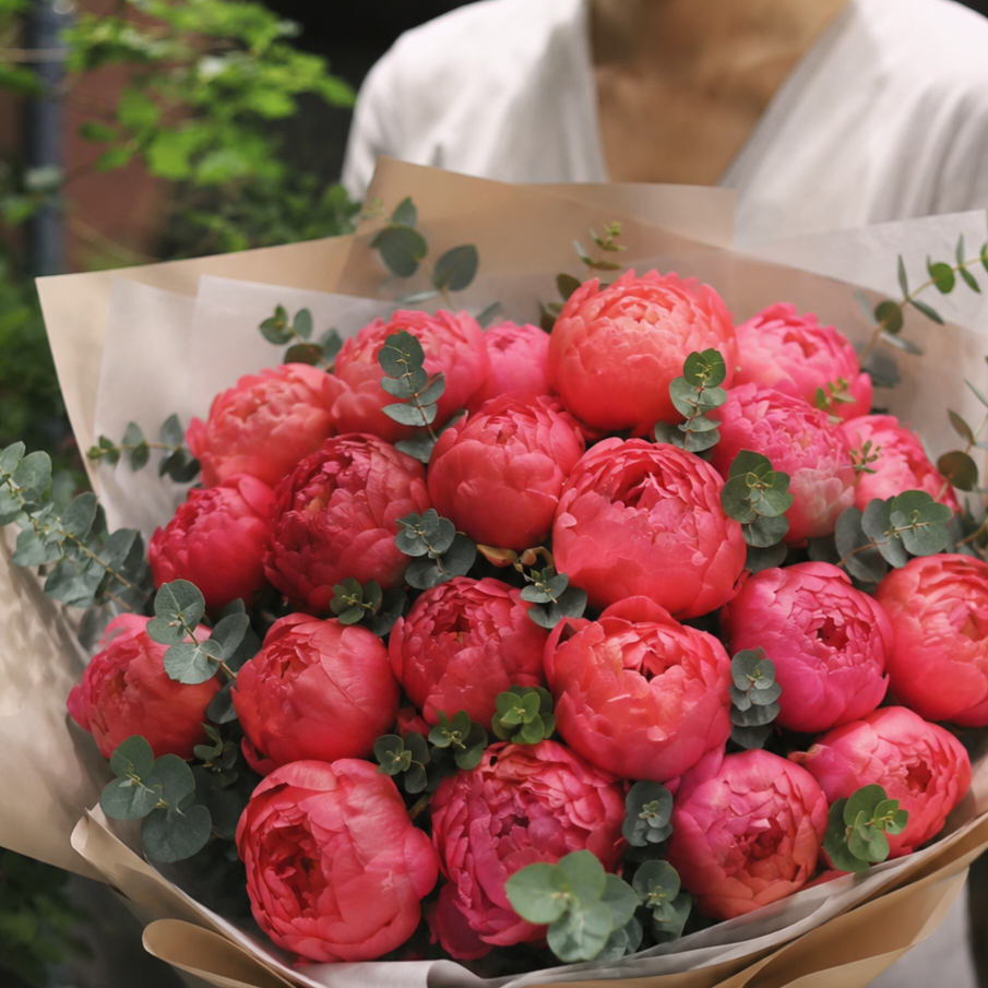 Coral Peony & Eucalyptus Bouquet