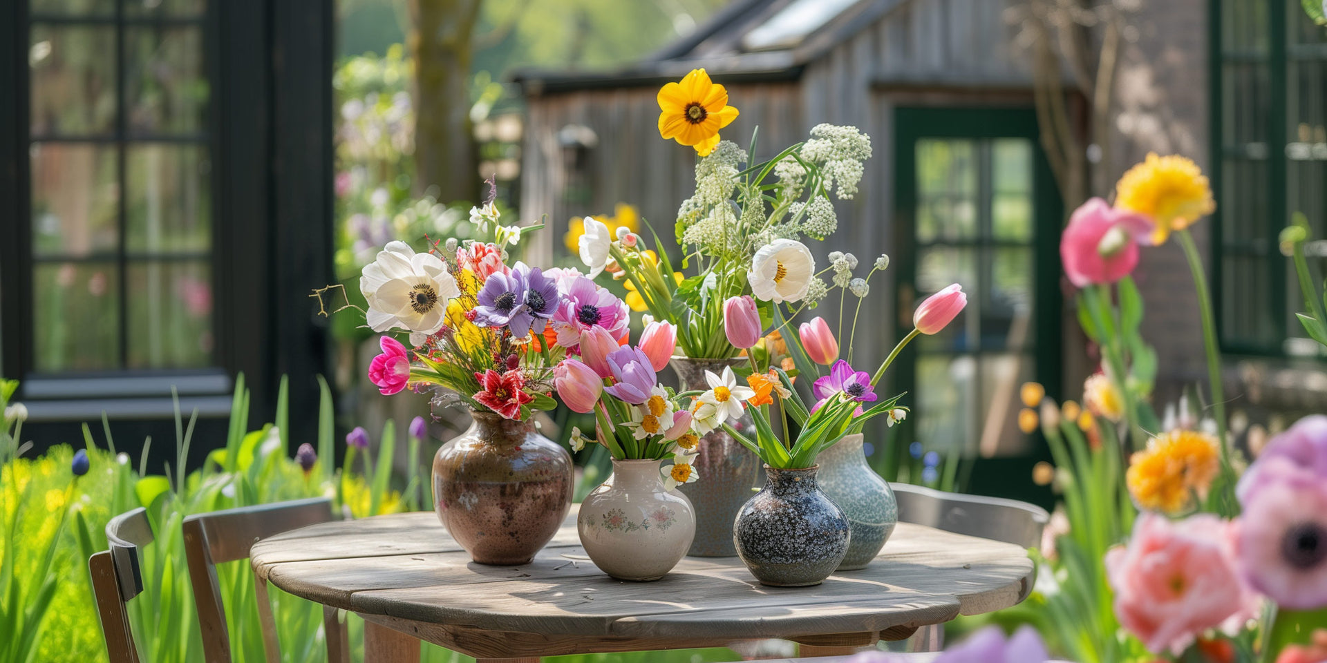 An array of British spring flowers, including tulips, daffodils, and anemones, arranged in ceramic vases on a wooden table outdoors, with a rustic garden setting in the background.