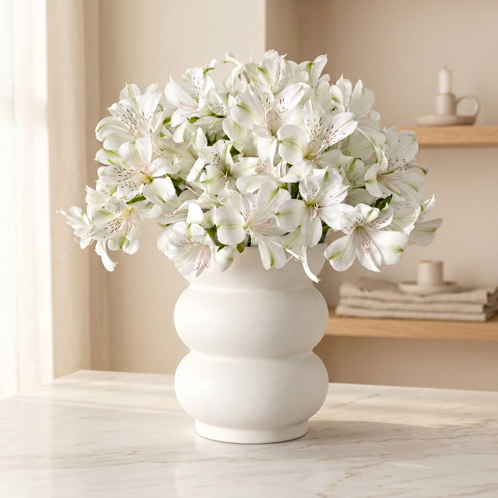 A large bouquet of white alstroemeria flowers with pale pink centers, arranged in a modern white ceramic vase with a rounded, stacked-bulb design, set on a light surface against a white wall with soft window shadow patterns.