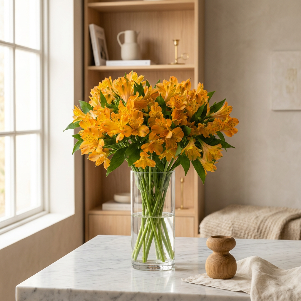 A bouquet of bright yellow-orange alstroemeria flowers with green leaves and stems, arranged in a clear cylindrical glass vase on a white background.